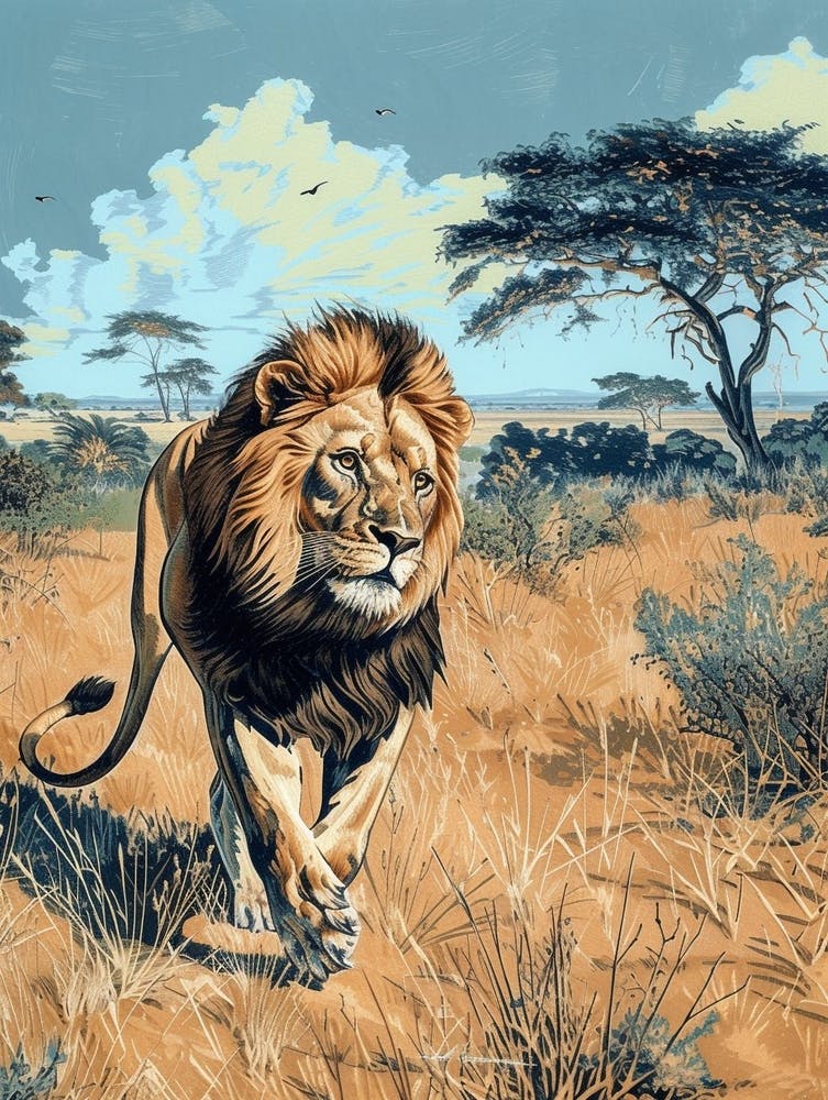 African Lion Relief Illustration Hunting 2