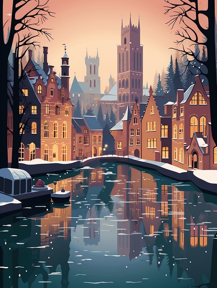 Winter Travel Night Illustration Bruges Belgium 3