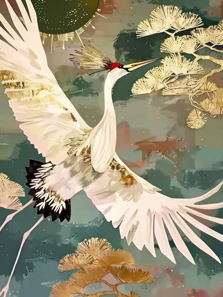 White Cranes Painting Gold Blue Effect Collage 1
