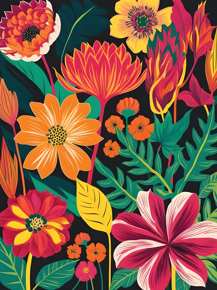 Colorful Flowers On A Black Background
