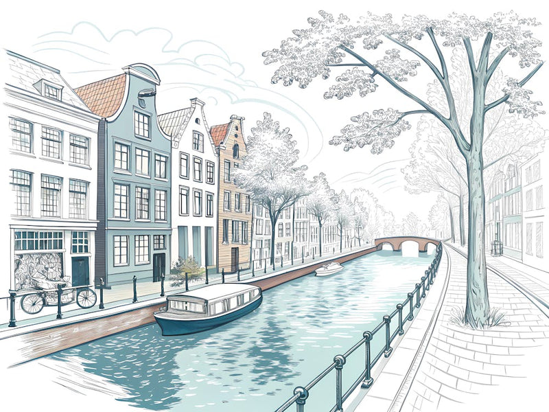 Minimalist Ink Sketch Of Minimalist Canal Scene