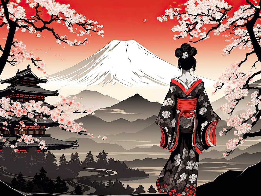 Ukiyo E Mount Fuji Japan Geisha Colour 1