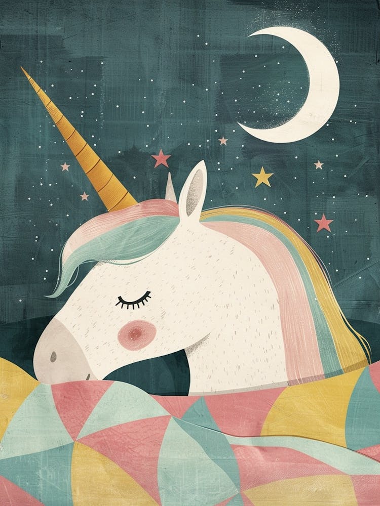 Pastel Storybook Style Unicorn Sleeping In A Duvet With The Moon 4