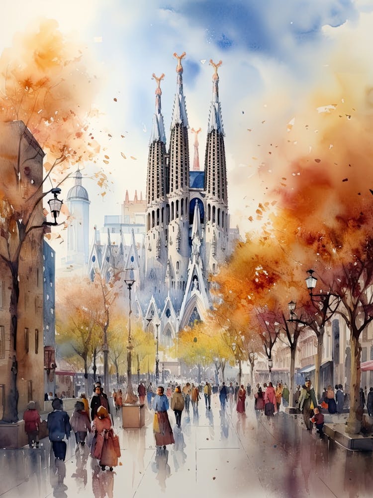 Barcelona Spain In Autumn Fall, Watercolour 4