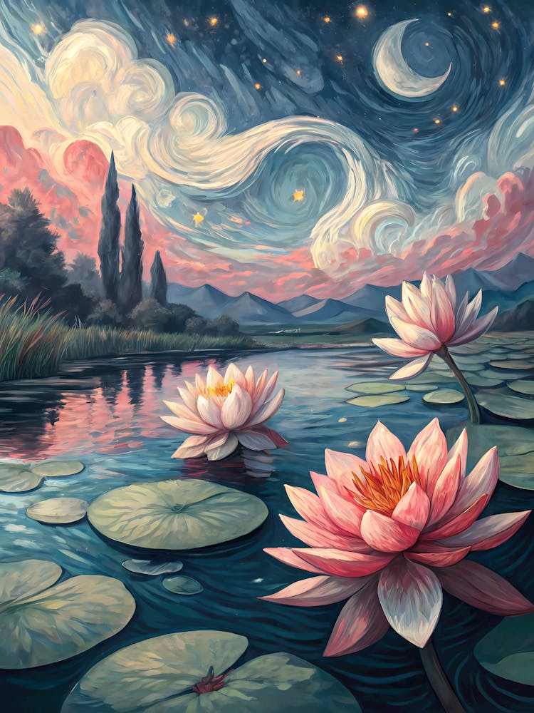 Van Gogh Lotus Pond Starry Night Water Lilies