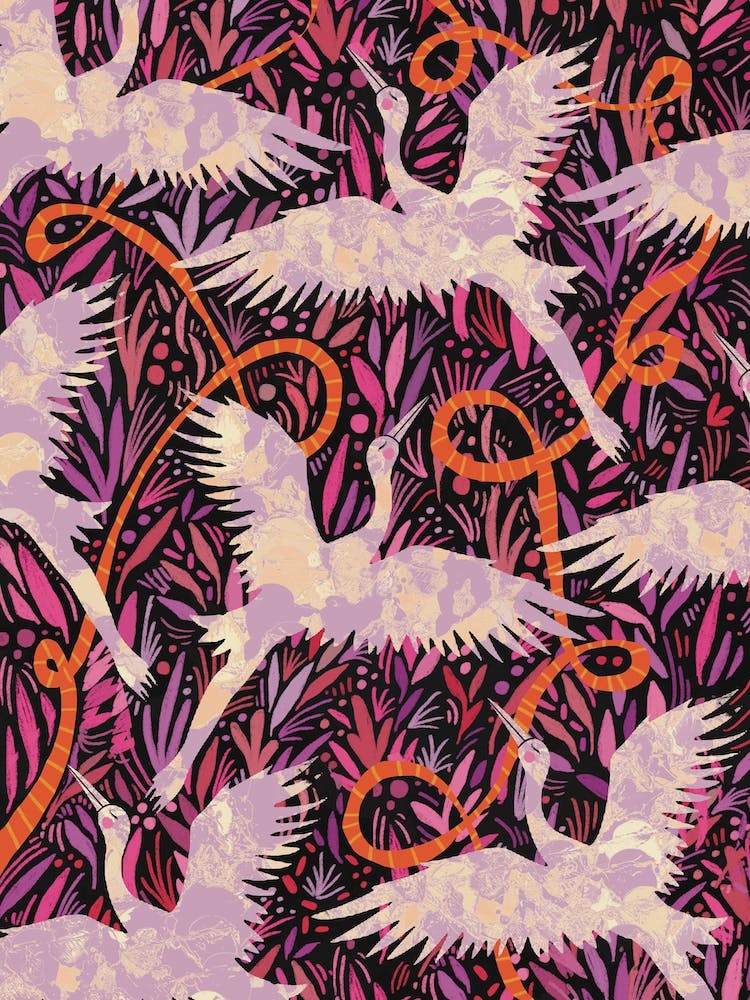 Purple Cranes Floral Pattern