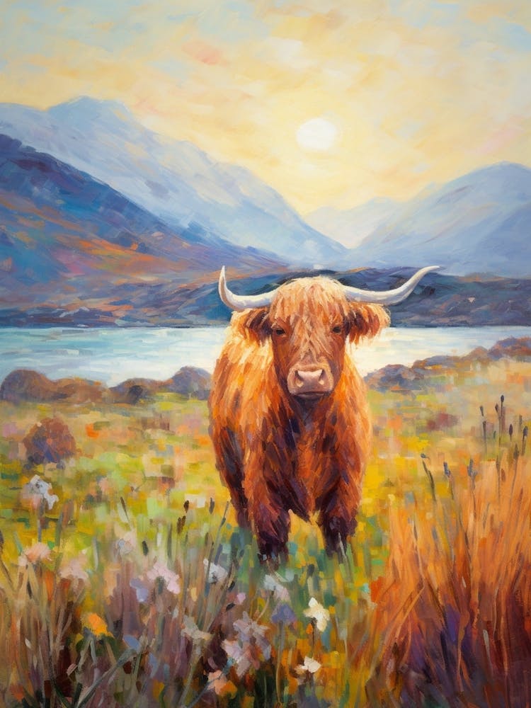 Brushstroke Impressionism Style Painting Of A Highland Cow In The Scottish Valley 3
