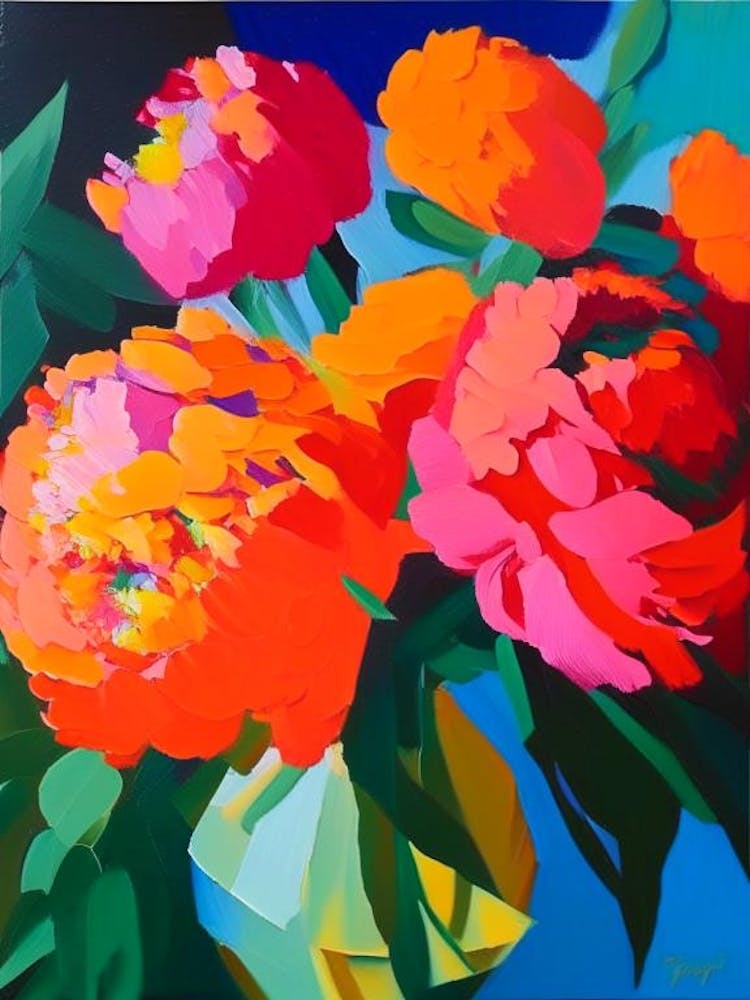 Cut Flowers Of  Peonies Orange Colourful Painting