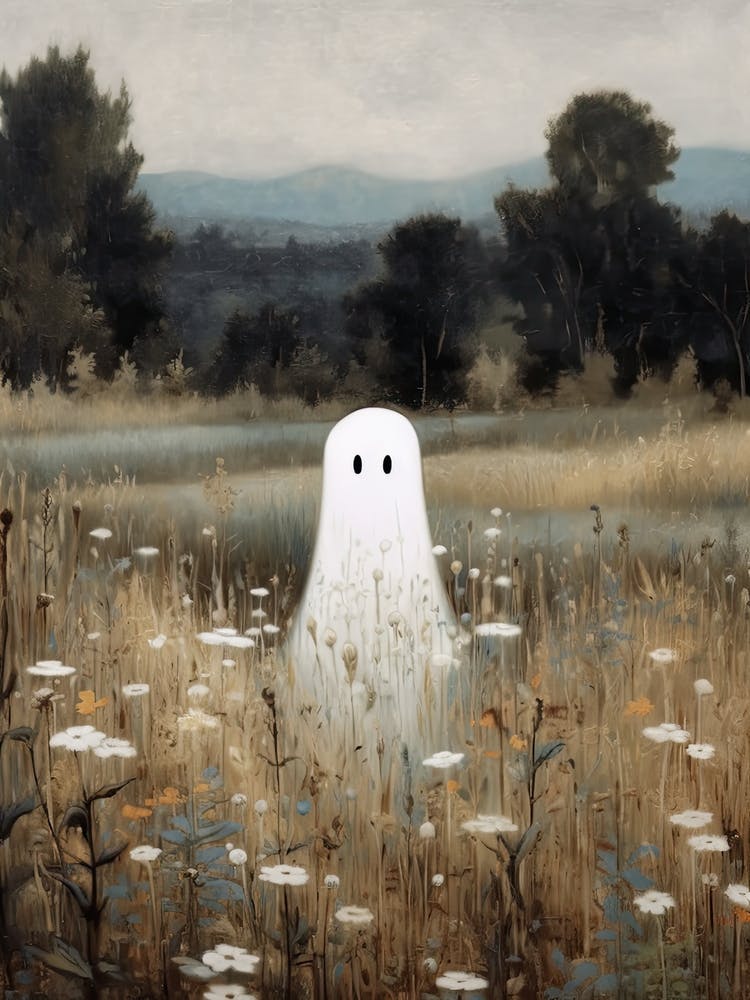 Cute Bedsheet Ghost In Flower Meadow Vintage Style, Halloween Spooky