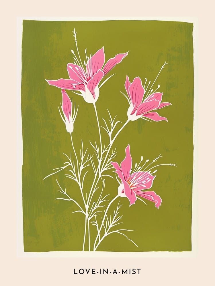 Pink & Green Love In A Mist 4 Flower Poster