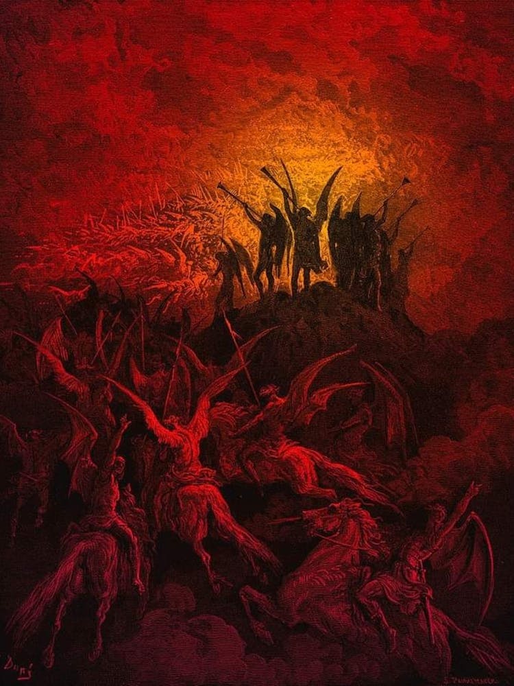 Paradise Lost, The Winged Heralds of Hell - Gustave Doré, 1866 Rouge Métal Gothique Sombre Remasterisé en HD