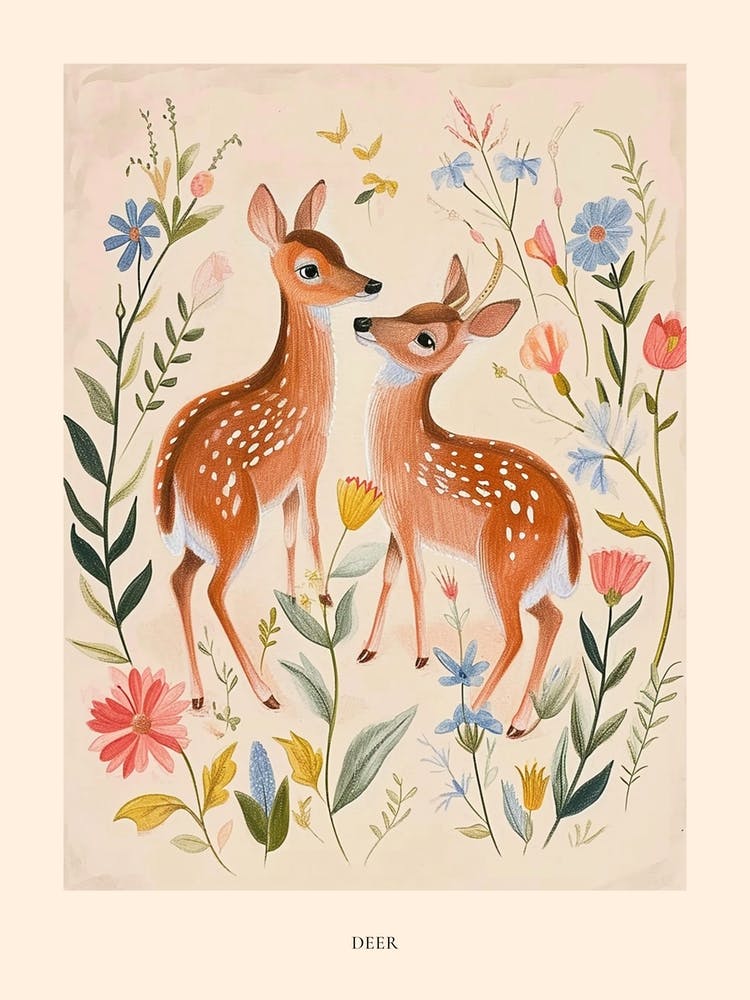 Folksy Floral Animal Drawing Deer Poster