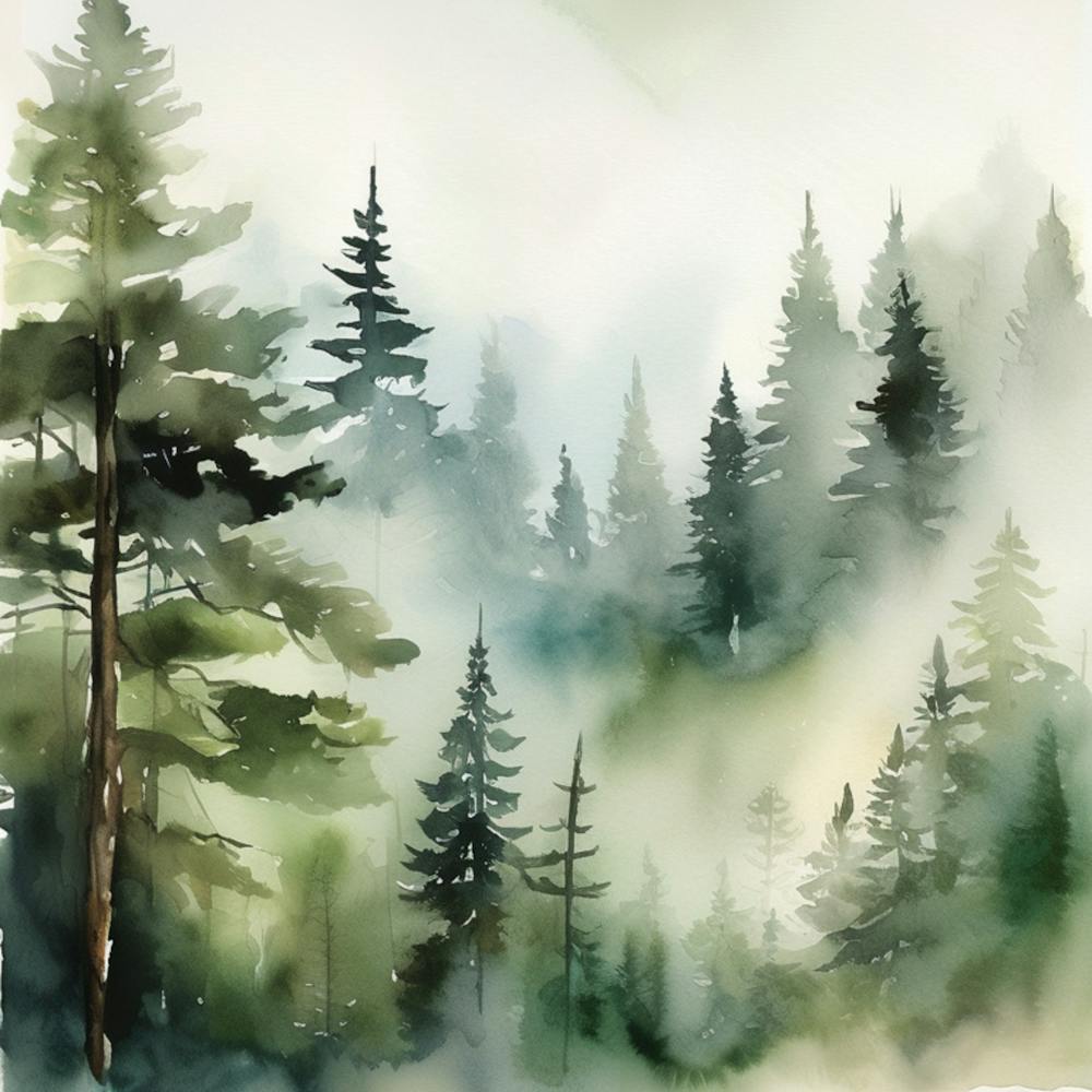 Appalachian Mountains of Misty Pines Watercolor Print of Evergreen Forest..372