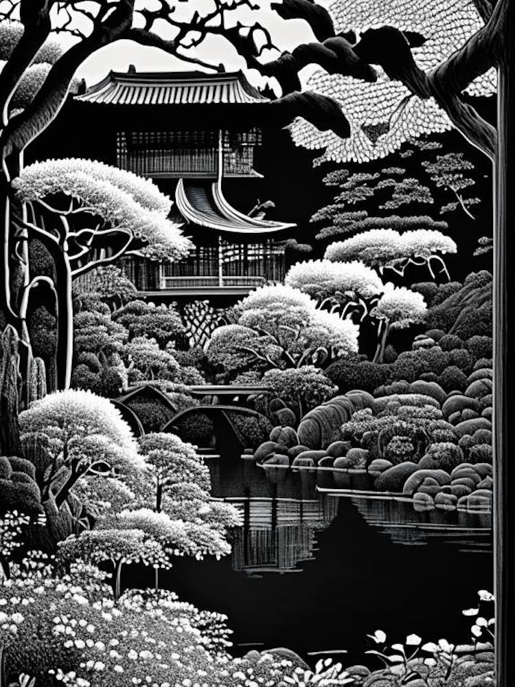 Rikugien Gardens, 1, Japan Linocut Black And White Vintage
