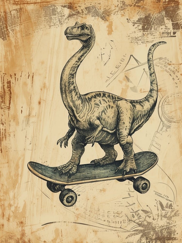 Vintage Brachiosaurus Dinosaur On A Skateboard 2
