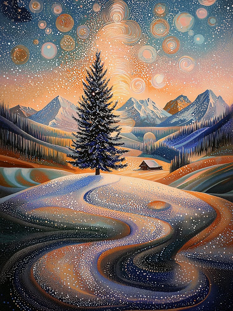 Starry Winter Tree In Pointillist Style Poster