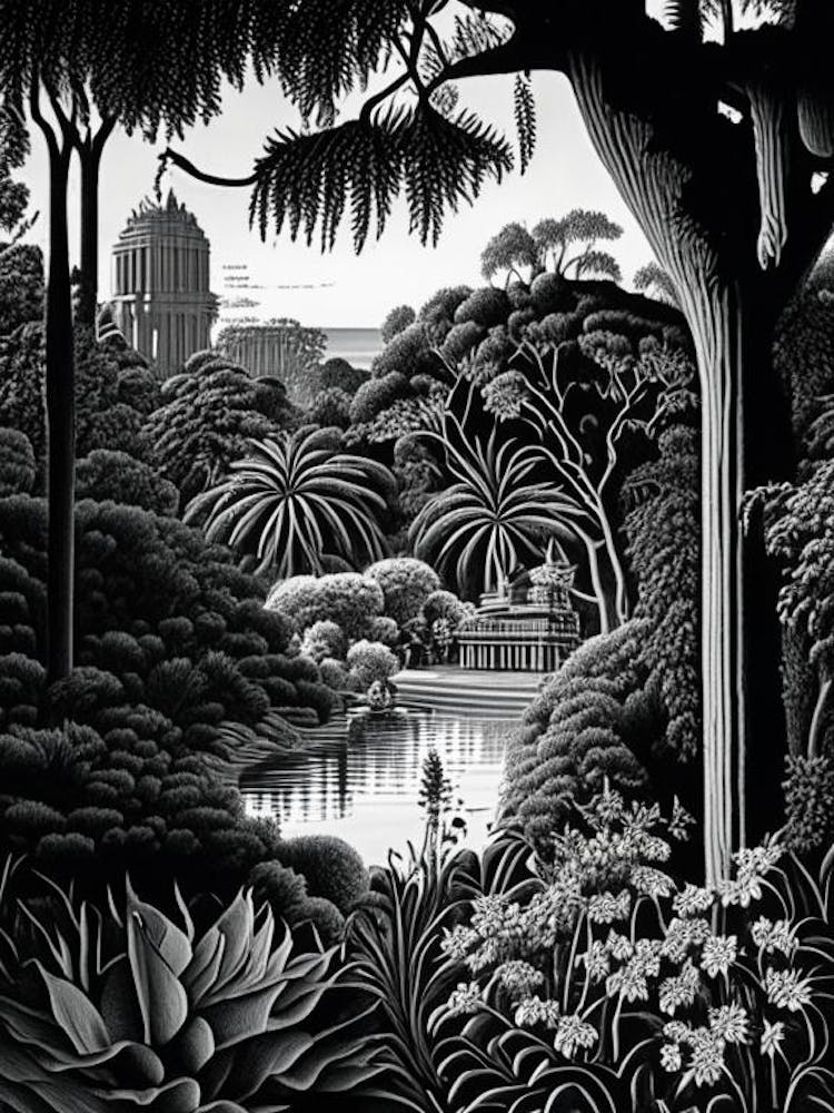 The Huntington Library, Art Collections, And Botanical Gardens, Usa Linocut Black And White Vintage