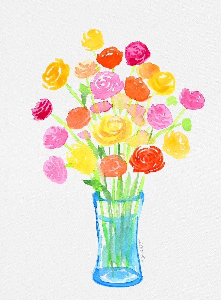 Watercolor Roses In A Vase