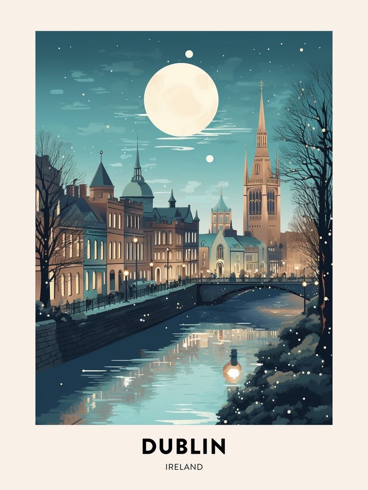 Winter Night  Travel Poster Dublin Ireland 1