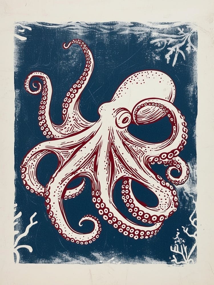 Octopus In Ocean Blue Linocut Background 5