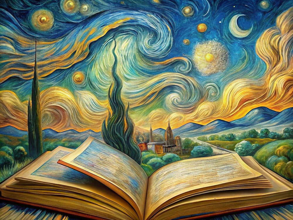 Van Gogh An Open Book With Pages Flowing In A Dyn