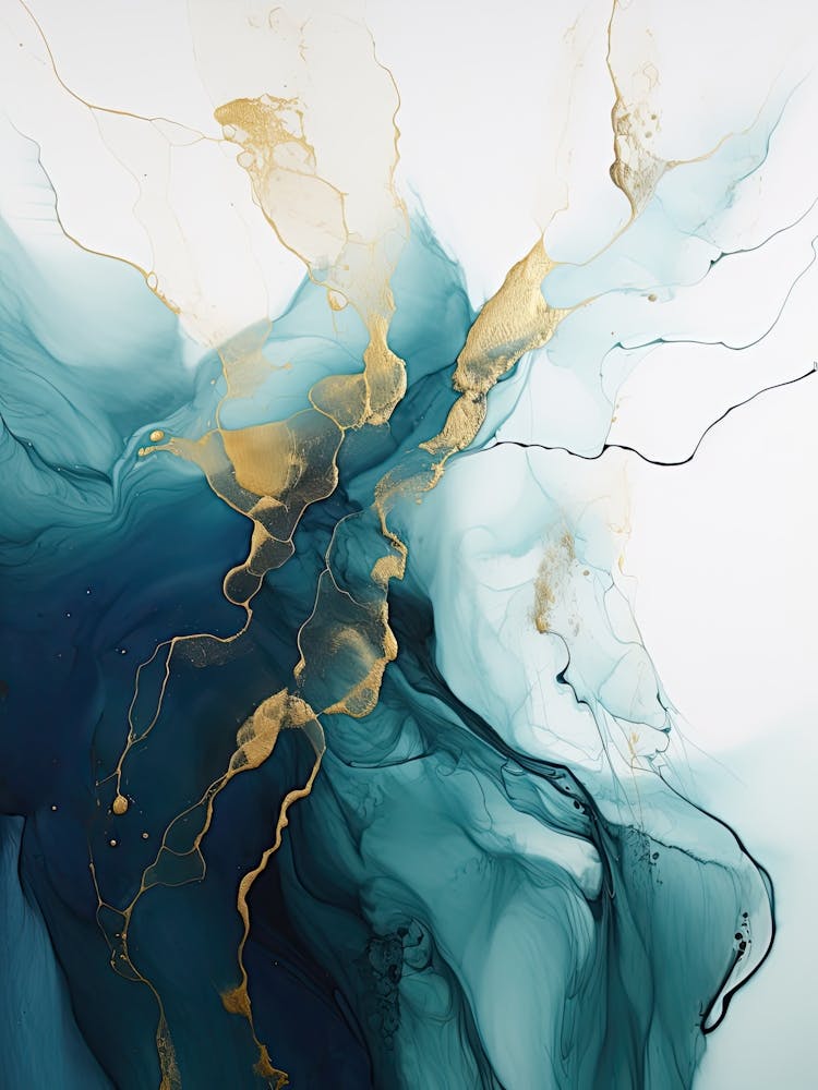 Teal, White, Gold Flow Asbtract Painting 0