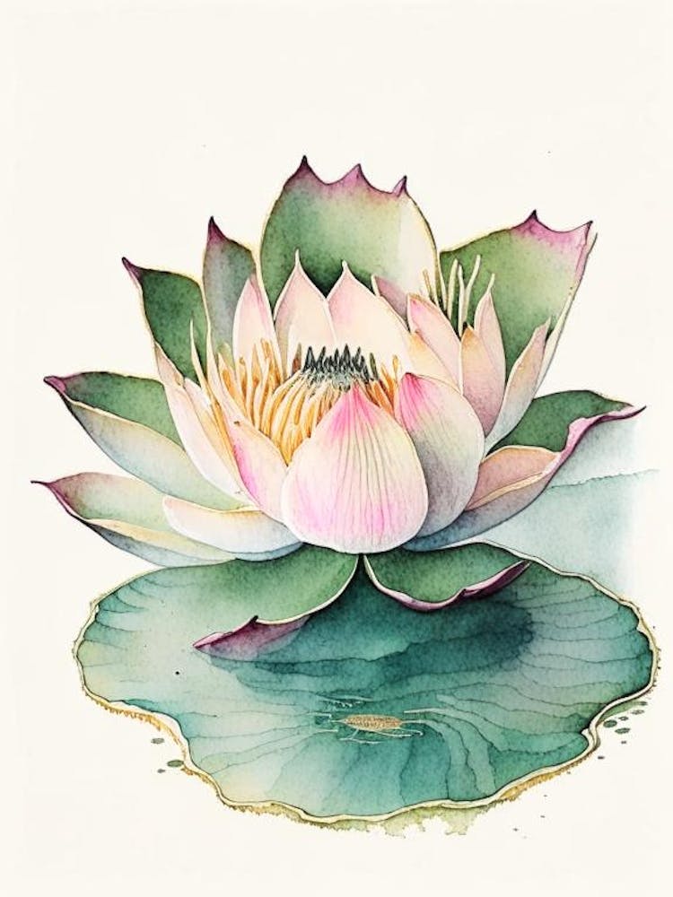 Blooming Lotus Flower In Lake Watercolour Ink Pencil 4