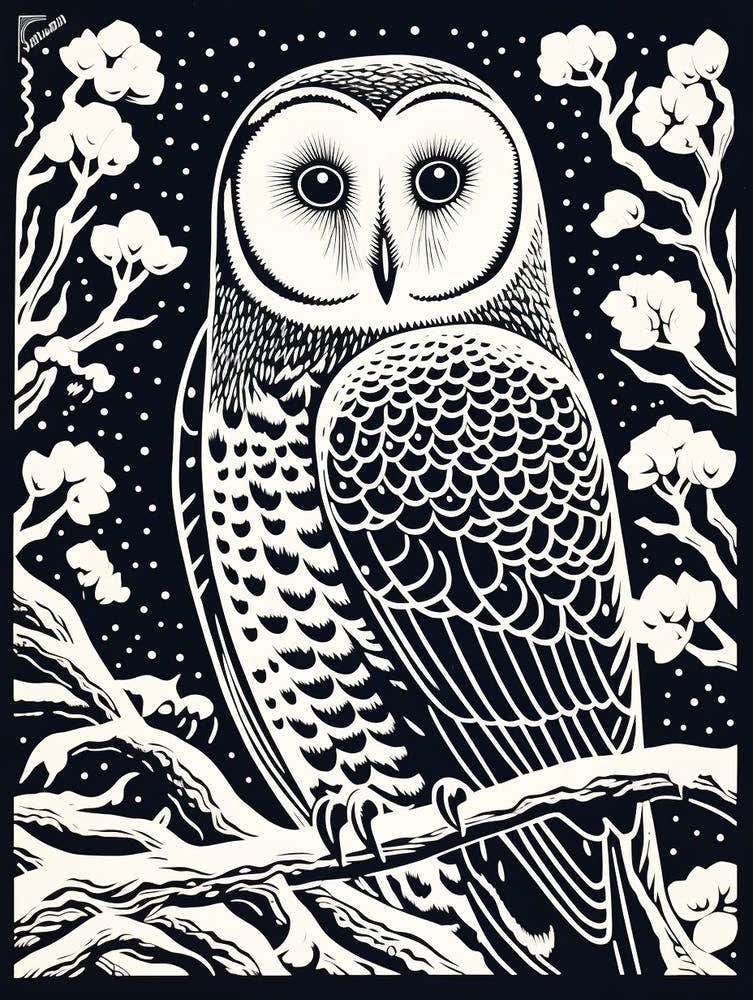 B&W Bird Linocut Snowy Owl 4
