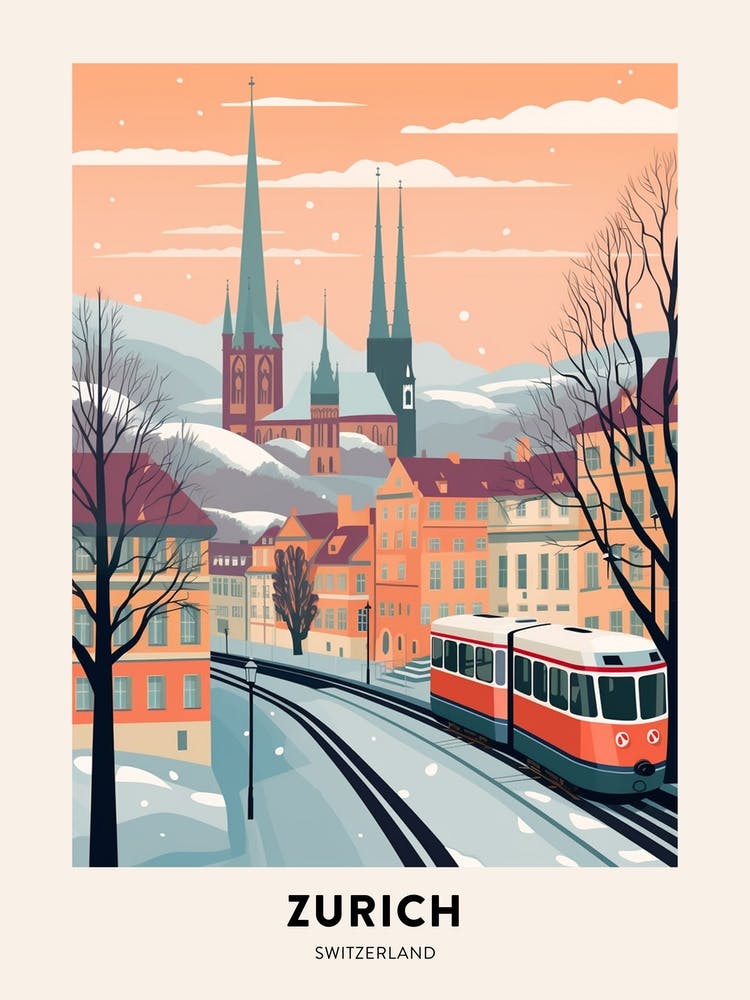 Vintage Winter Travel Poster Zurich Switzerland 4