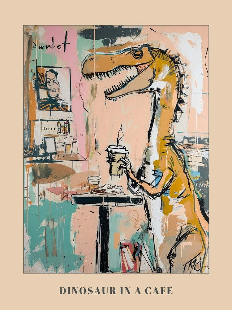 Graffiti Style Dinosaur Drinking A Coffee In A Cafe 4 Poster
