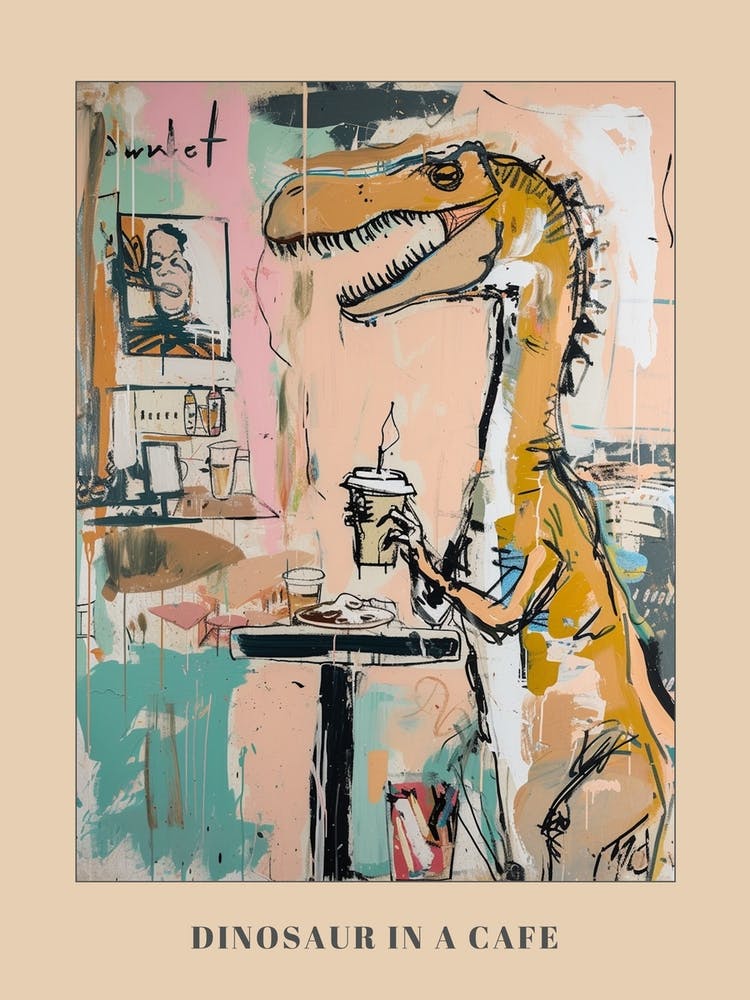 Graffiti Style Dinosaur Drinking A Coffee In A Cafe 4 Poster