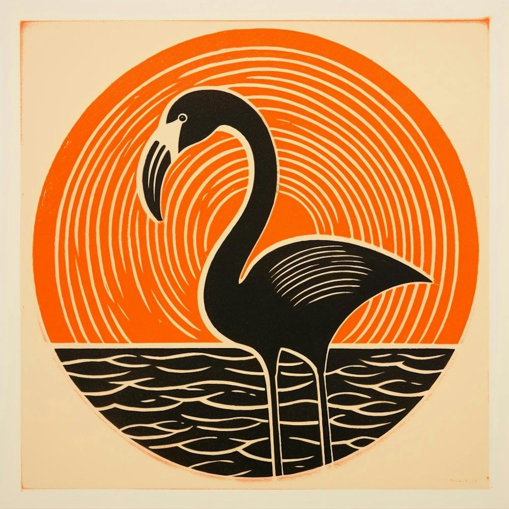 Retro Bird Lithograph Flamingo 2
