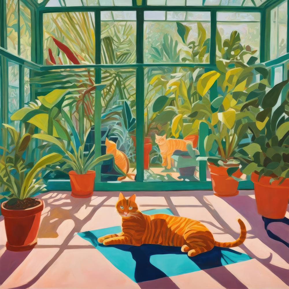 David Hockney Style. Cats in Sunlit Conservatory Series 1