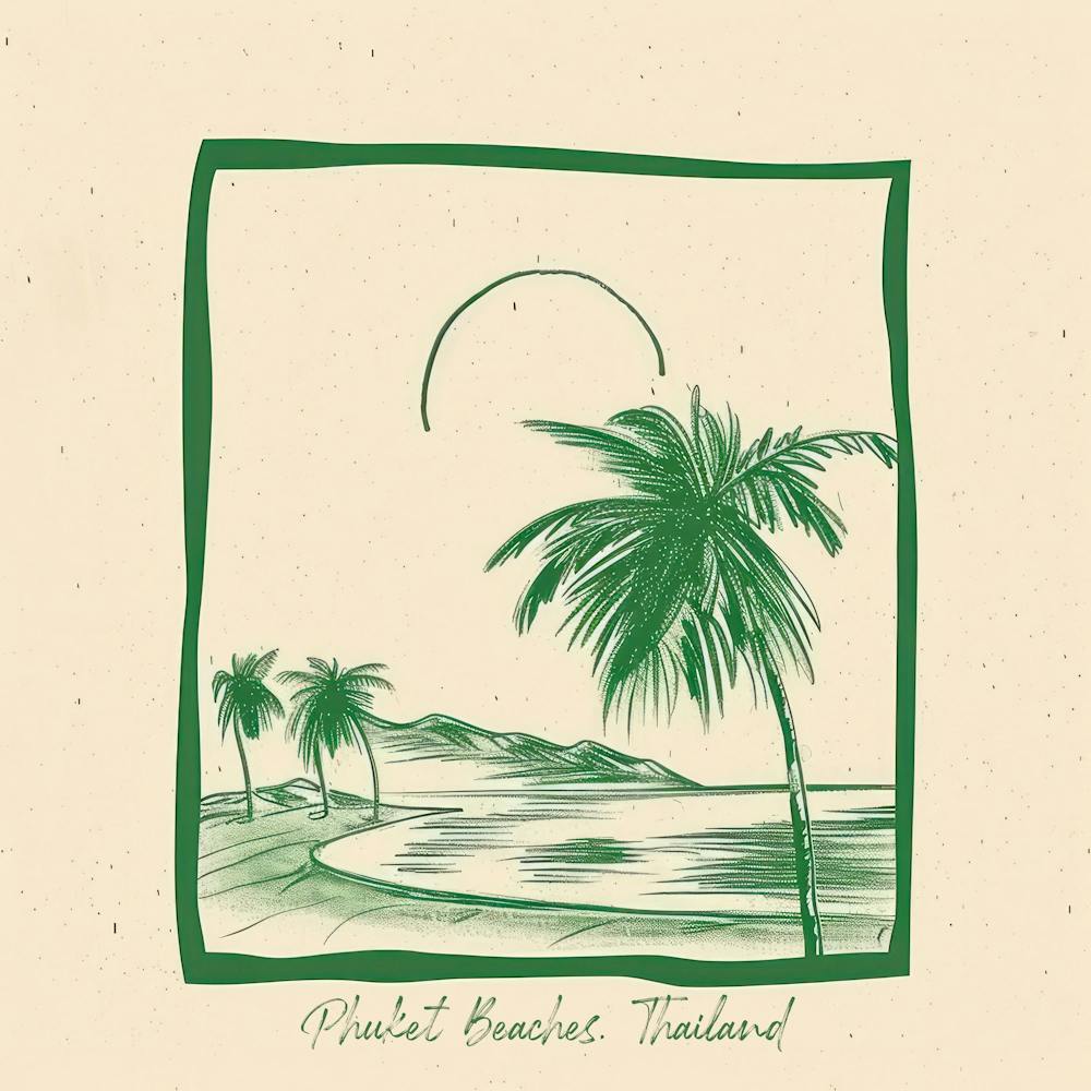 Phuket Beaches, Thailand Green Line Art Illustration