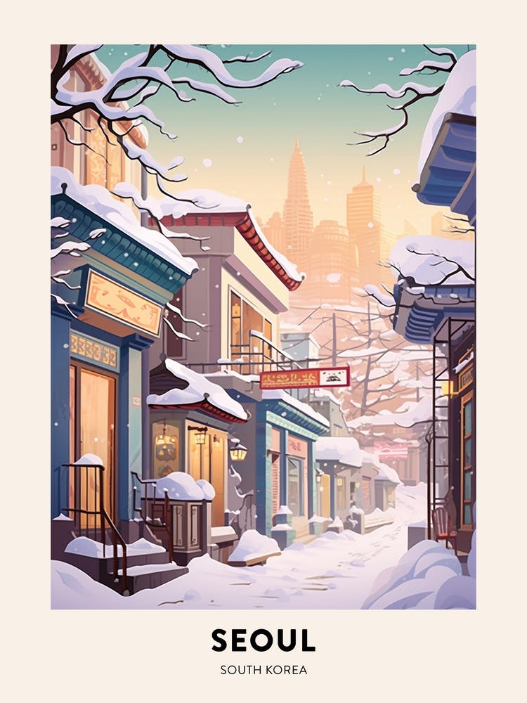Vintage Winter Travel Poster Seoul South Korea 3