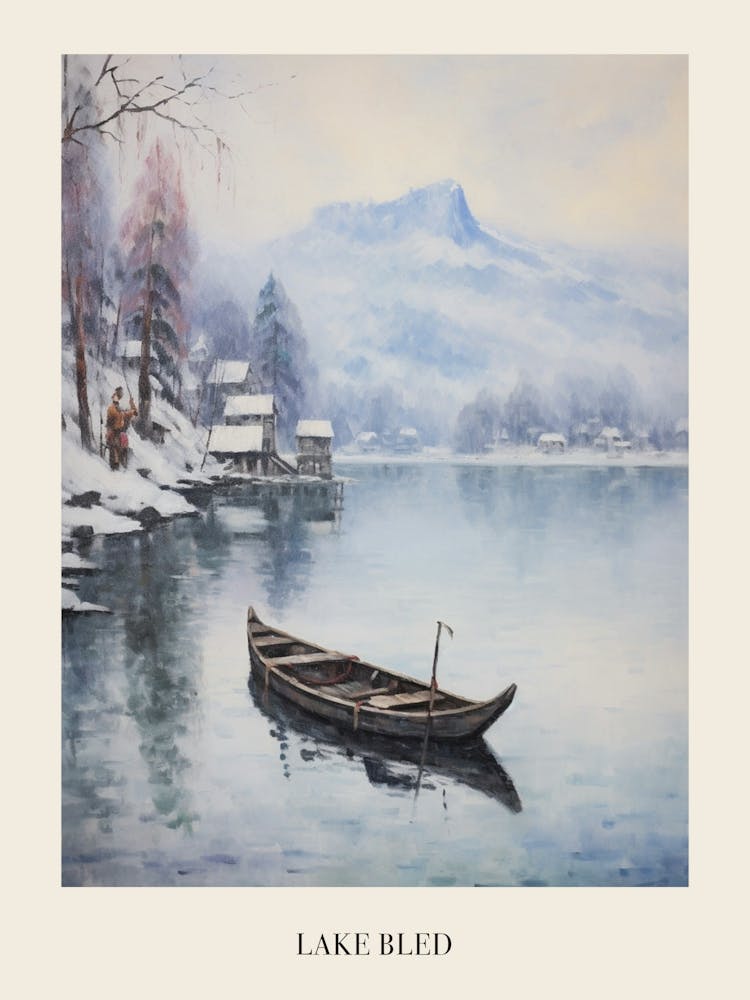 Vintage Winter Painting Poster Lake Bled Slovenia