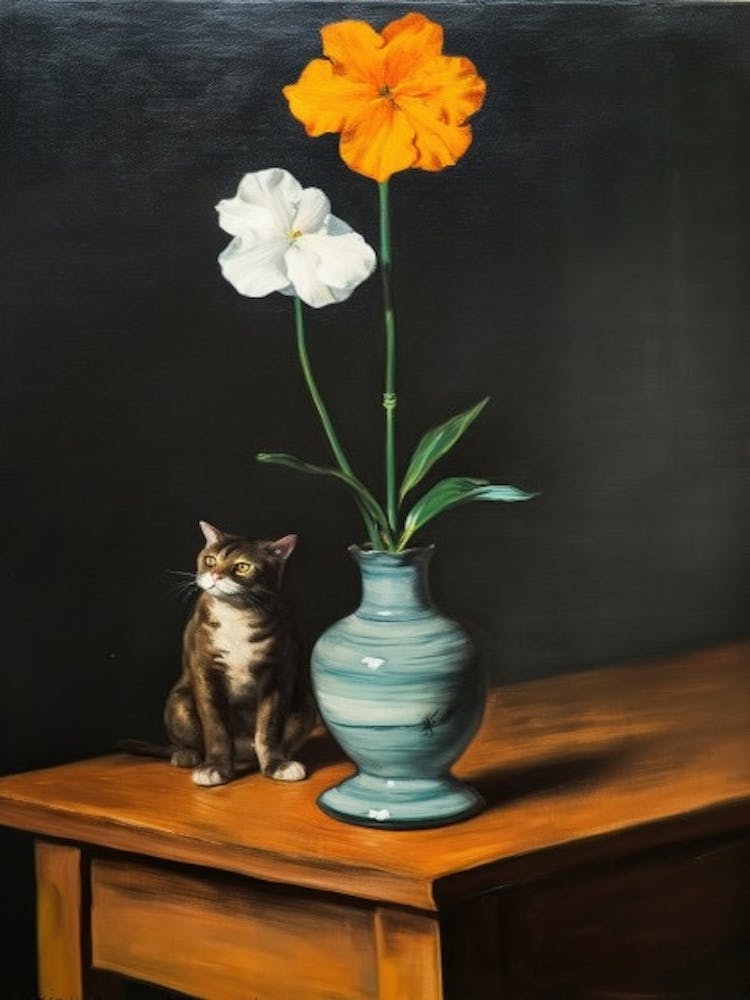 Painting Of A Still Life Of A Daffodils With A Cat, Realism 4