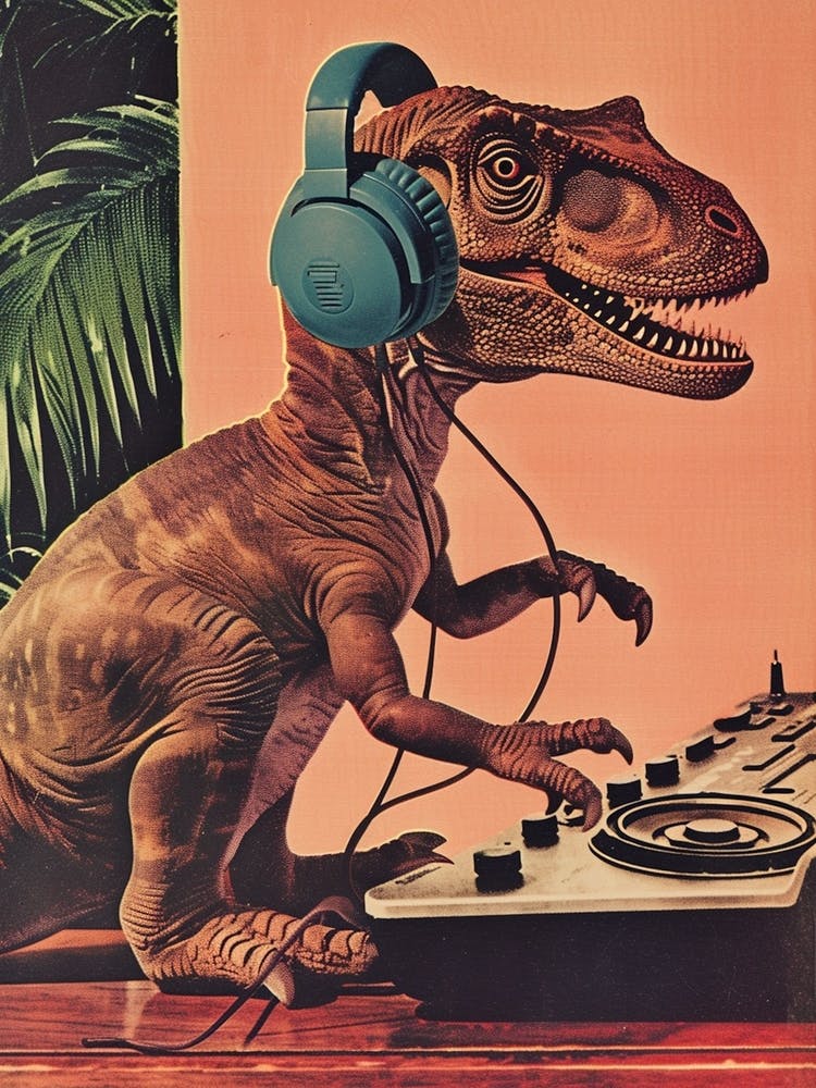 Collage Rétro Dinosaure Écoutant de la Musique avec un Casque 4