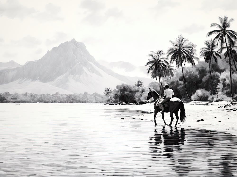 Peinture à l'Huile d'un Cheval à Bora Bora, Polynésie Française, Paysage 1