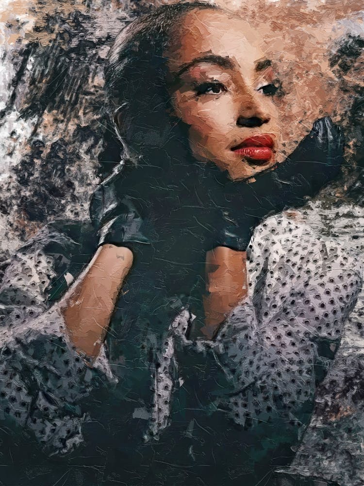 Painting of a Sade Adu wearing black gloves