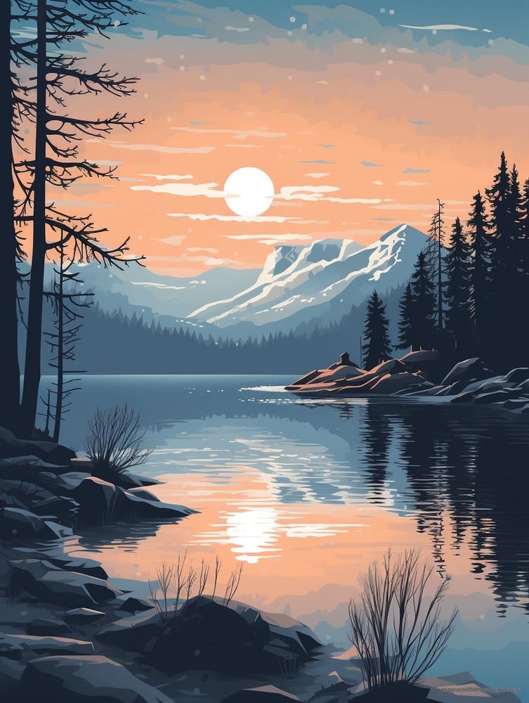 Winter Travel Night Illustration Lake Tahoe Usa 2