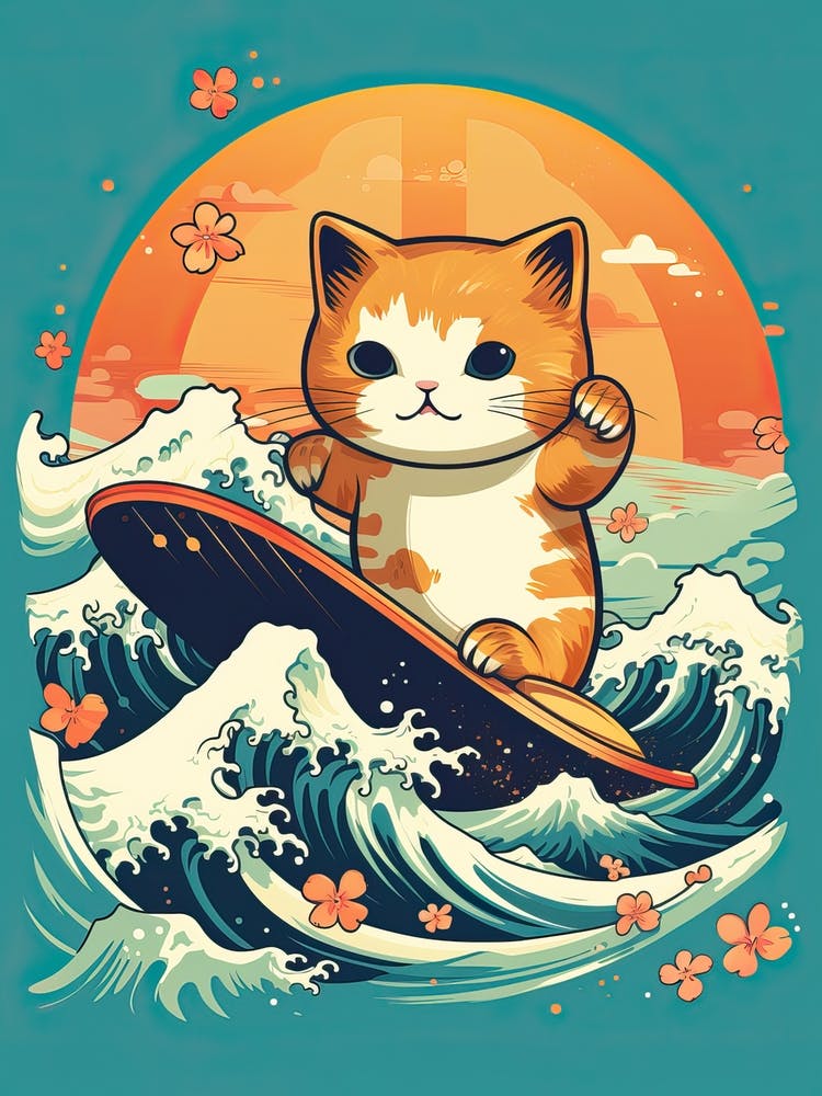 Kawaii Cat Drawings Surfing 1