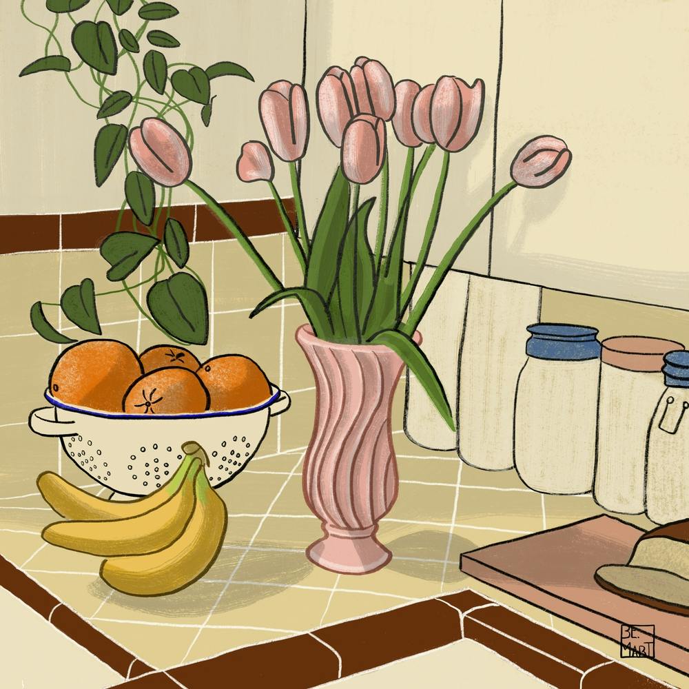 Kitchen Still Life With Pink Tulips Square