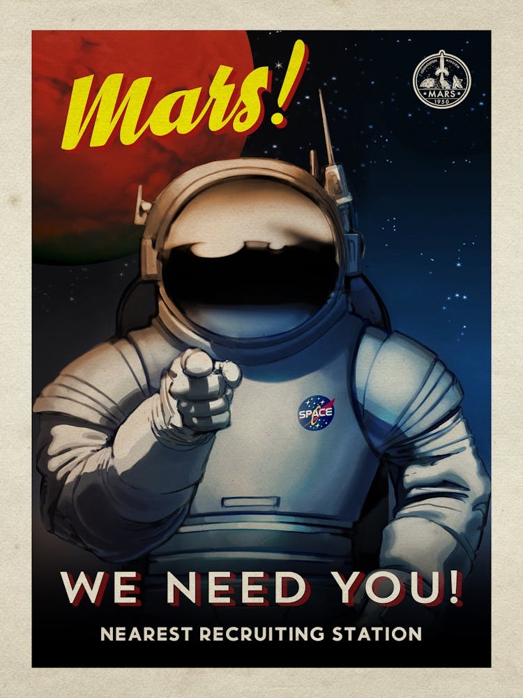 Mars! We need you! — Vintage retro space poster, retrofuturism poster, retro space, propaganda poster