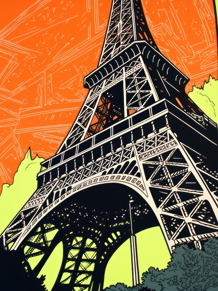 Eiffel Tower Paris France Linocut Illustration Style 4