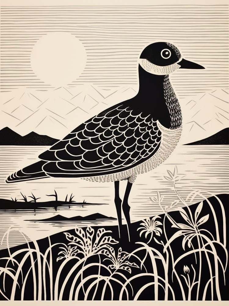 B&W Bird Linocut Grey Plover 3