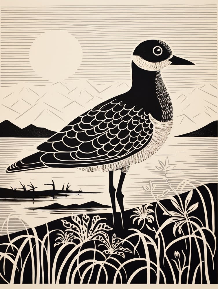 B&W Bird Linocut Grey Plover 3