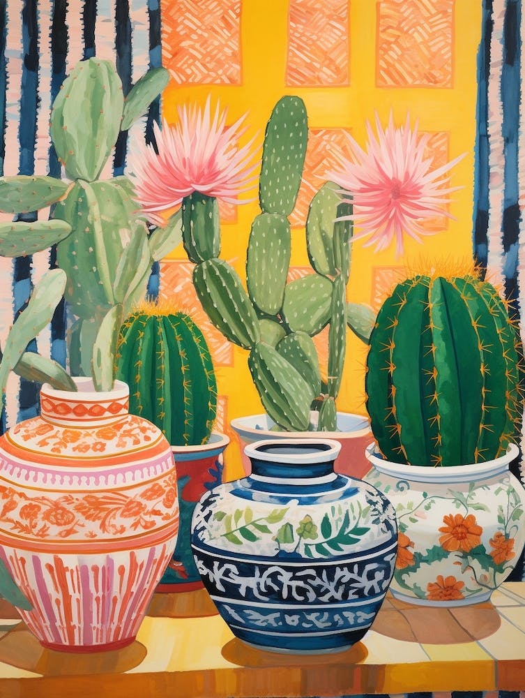 Cactus Painting Maximalist Still Life Golden Barrel Cactus 1