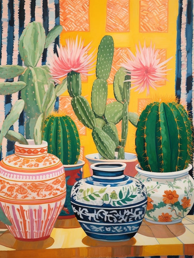 Cactus Painting Maximalist Still Life Golden Barrel Cactus 1