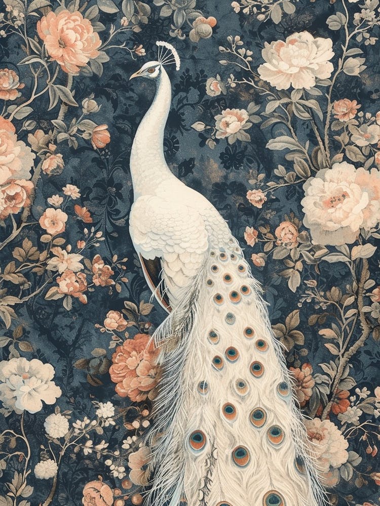 White Peacock Vintage Floral Wallpaper 4